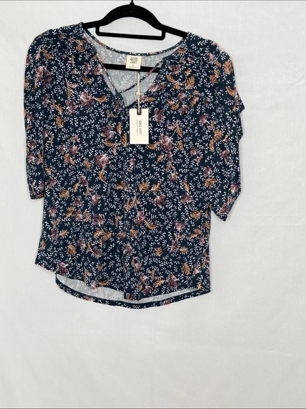 Goodfellow & Co Navy Floral V-Neck Blouse with Rust and Blush Flowers